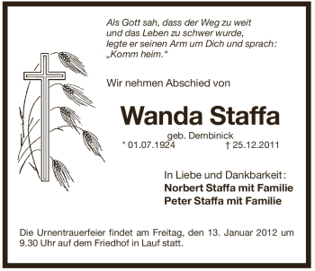 Traueranzeige von Wanda Staffa von Pegnitz-Zeitung